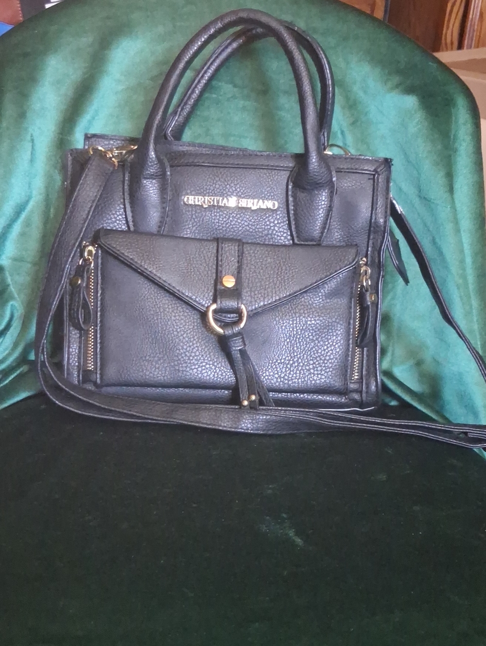 Christian Siriano Black Pebbled Leather Top-Handle Satchel with Tassel Ring